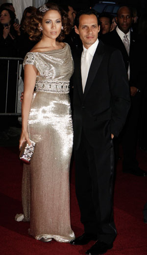 Actress Jennifer Lopez (L) arrives with husband Marc Anthony to attend the Metropolitan Museum of Art Costume Institute Benefit Gala 