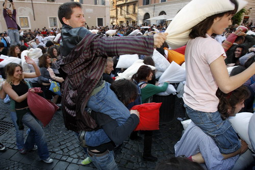 Hundreds fight with pillows